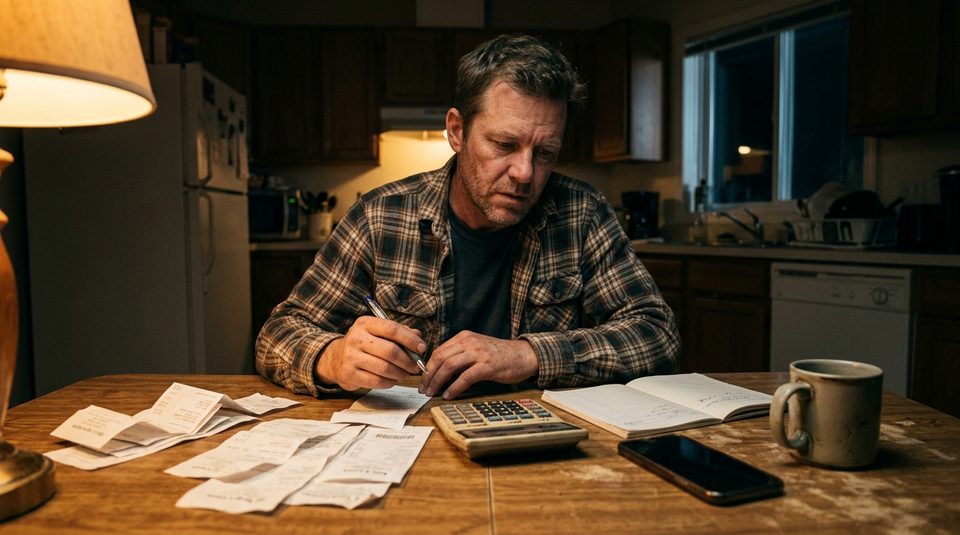 Bookkeeping at a kitchen table: receipts, a calculator and a laptop