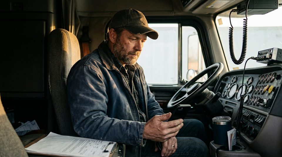 An owner-operator in the cab of his truck, checking the day on his phone