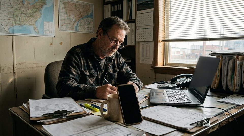 A dispatcher at his desk with a phone, a laptop and the day's paperwork
