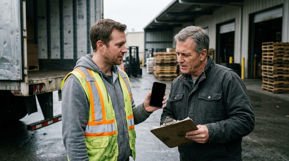 A driver at the loading dock showing the delivery on his phone to the receiver
