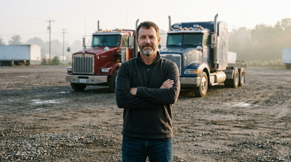 A fleet owner standing with his arms crossed in front of two of his trucks