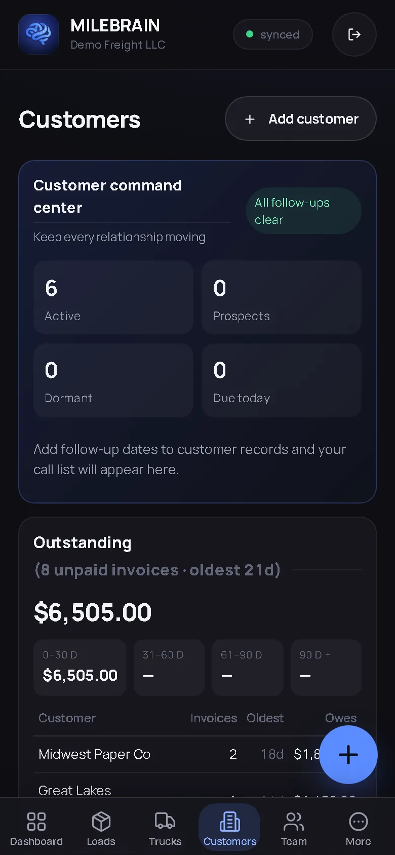 MileBrain Customers screen with outstanding and aging