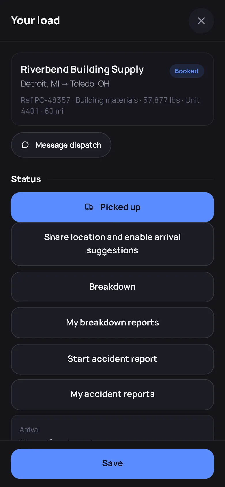 MileBrain driver app load with Picked up button