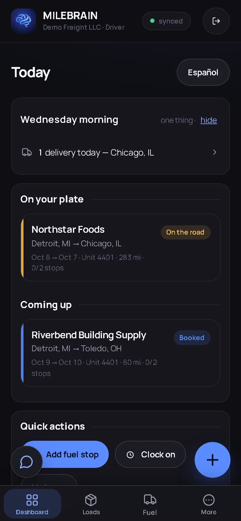 MileBrain driver app Today screen with Español toggle