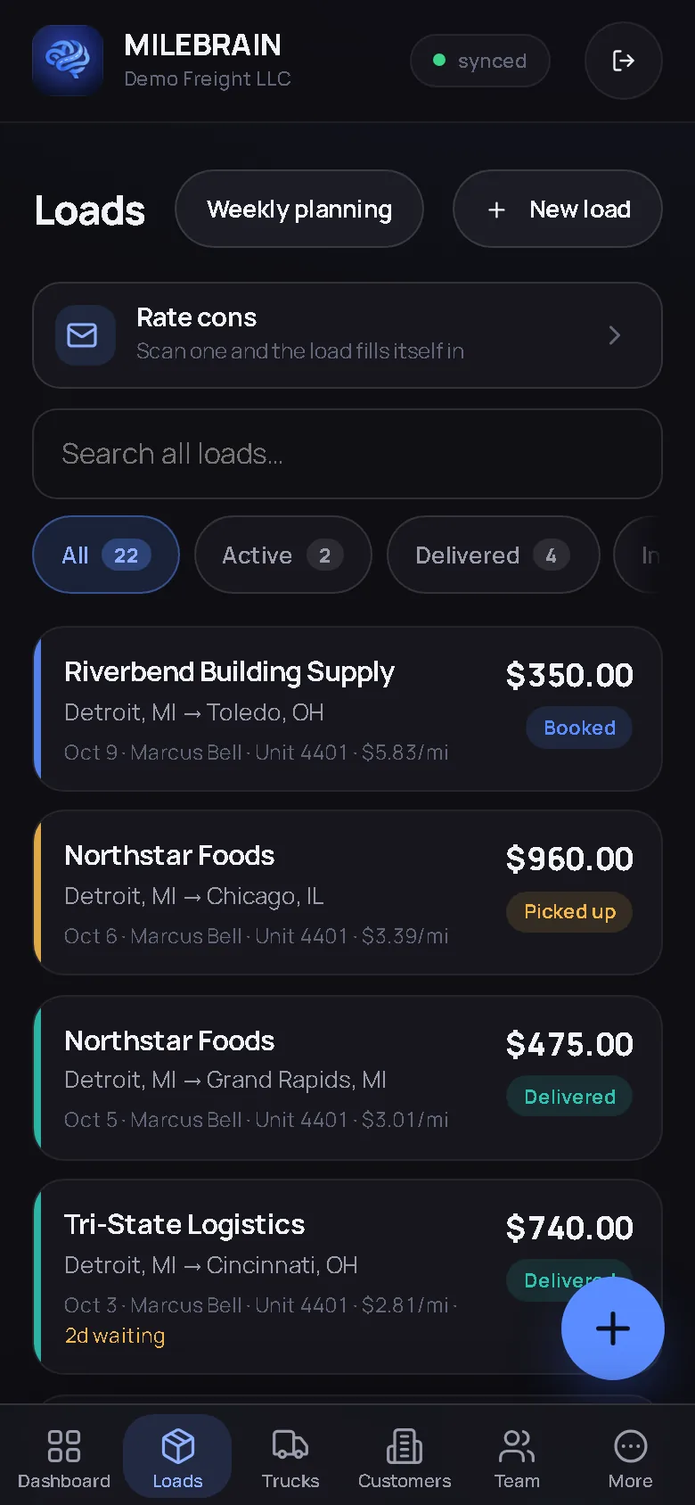 MileBrain Loads screen