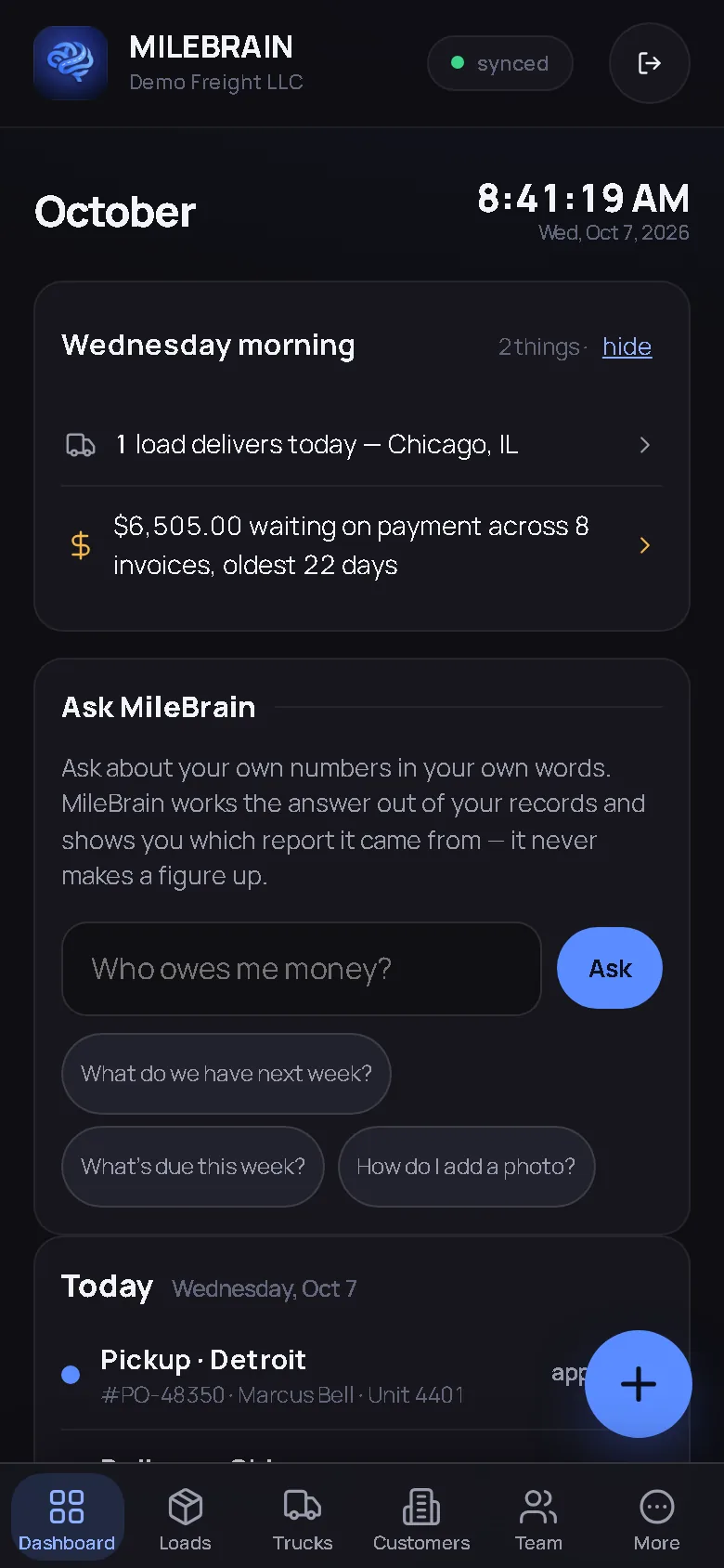 MileBrain Today screen with the morning briefing