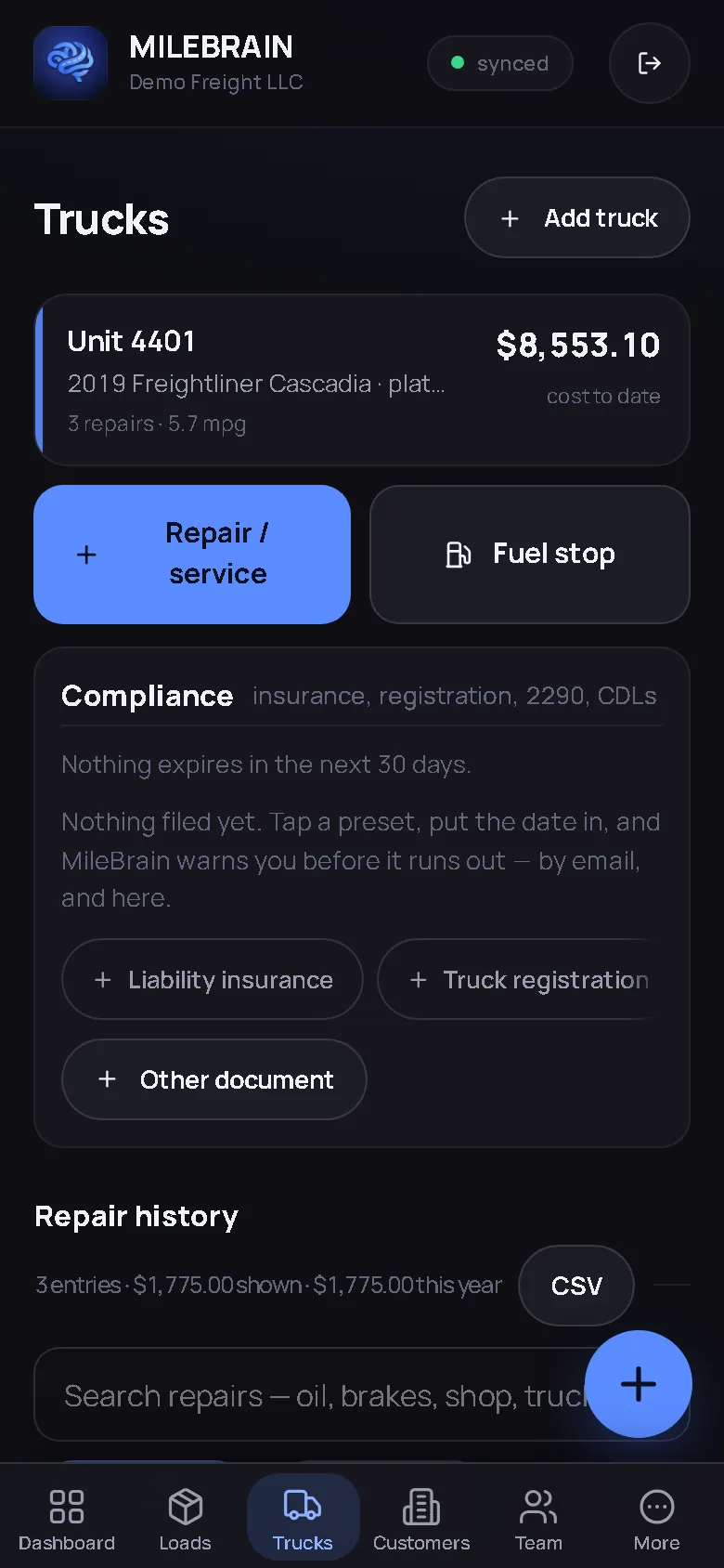MileBrain Trucks screen with cost to date and compliance